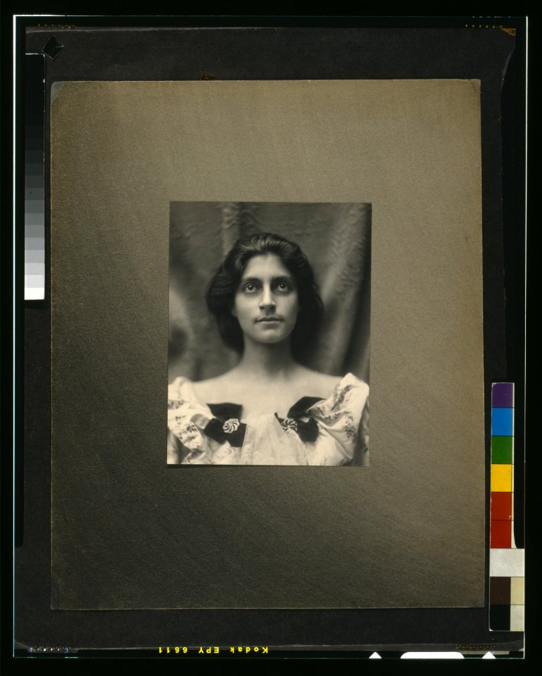 Portrait of a woman in a floral dress adorned with diamond brooches and bows LCCN98504033
