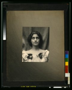 Portrait of a woman in a floral dress adorned with diamond brooches and bows LCCN98504033
