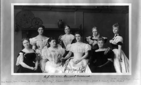Portrait group of Mrs. Frances (Folsom) Cleveland and the ladies of the Cabinet- Olive Harmon, Jane P. Francis, M.J. Carlisle, Agnes P. Olney, Nannie H. Wilson, Juliet K. Lamont, and Leila LCCN2001703937