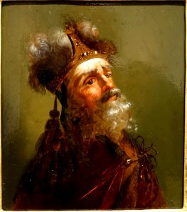 Portrait of an old man with a feathered crown, artist unknown, oil on wood - Villa Vauban - Luxembourg City - DSC06442 photo