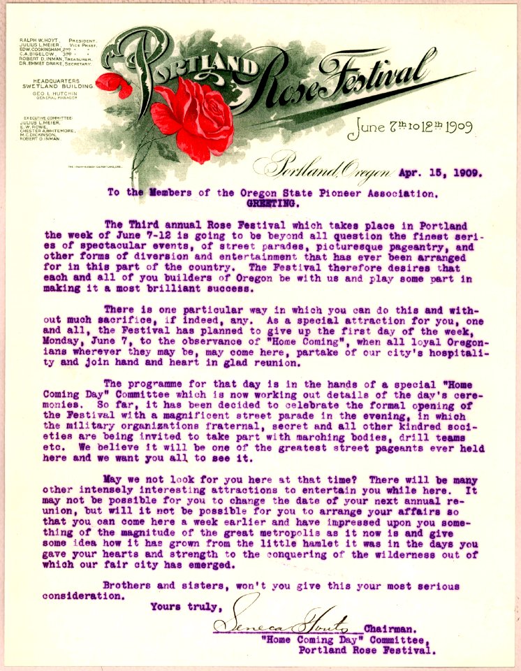 Portland Oregon Rose Festival letter April 15 1909
