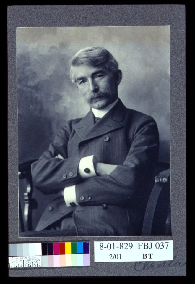 Portrait of man wearing a pinstripe suit seated with his arms crossed) - Miss Elton, Cleveland, Ohio LCCN2004676217