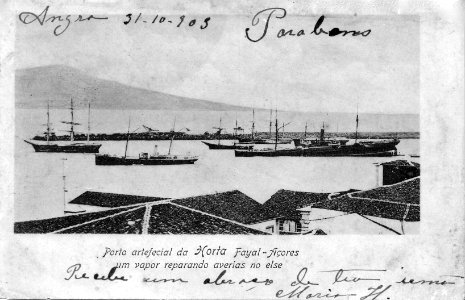 Porto da Horta, ilha do Pico ao fundo, ilha do Faial, Açores, Arquivo de Villa Maria, Angra do Heroísmo, Açores.