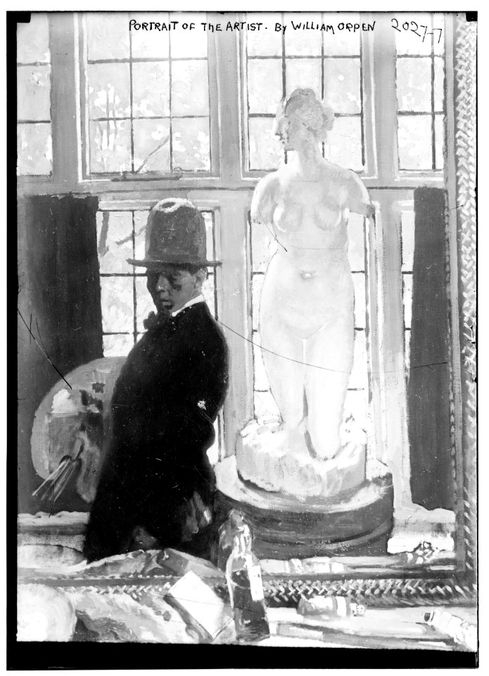 Portrait of the Artist by William Orpen. Figure in front with nude statue of a woman in the rear. LCCN2014688147