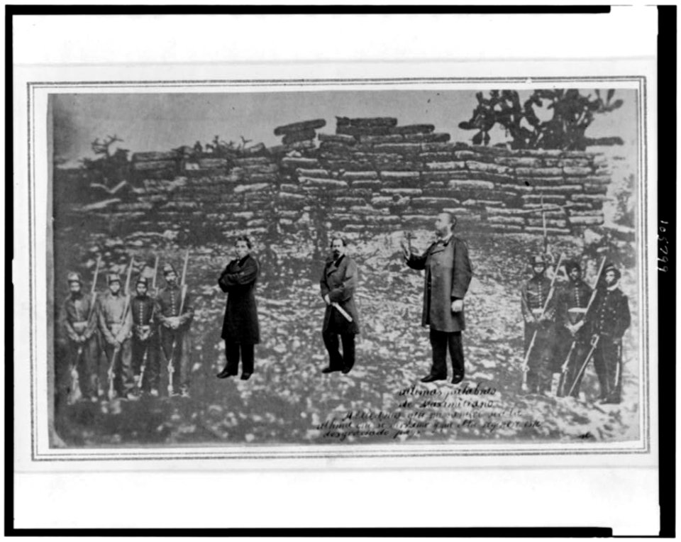 Portraits of Emperor Maximilian of Mexico, Tomás Mejía, and Miguel Miramón and firing squad, superimposed on photograph of their place of execution, at Querétaro LCCN2005683072