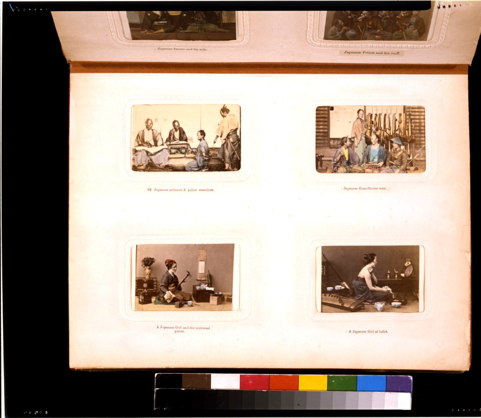 Portraits of Japanese guards, a woman washing herself, a prisoner with a police examiner, and a woman playing a shamisen LCCN2011649889