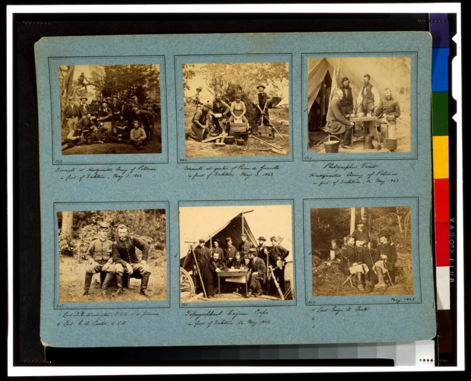 Portrait photographs of soldiers and servants from various Union headquarters; also shows photographer's tent, topographical engineer corps, and portraits of George A. Custer LCCN95518535