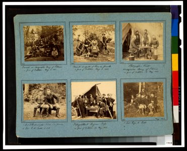 Portrait photographs of soldiers and servants from various Union headquarters; also shows photographer's tent, topographical engineer corps, and portraits of George A. Custer LCCN95518535
