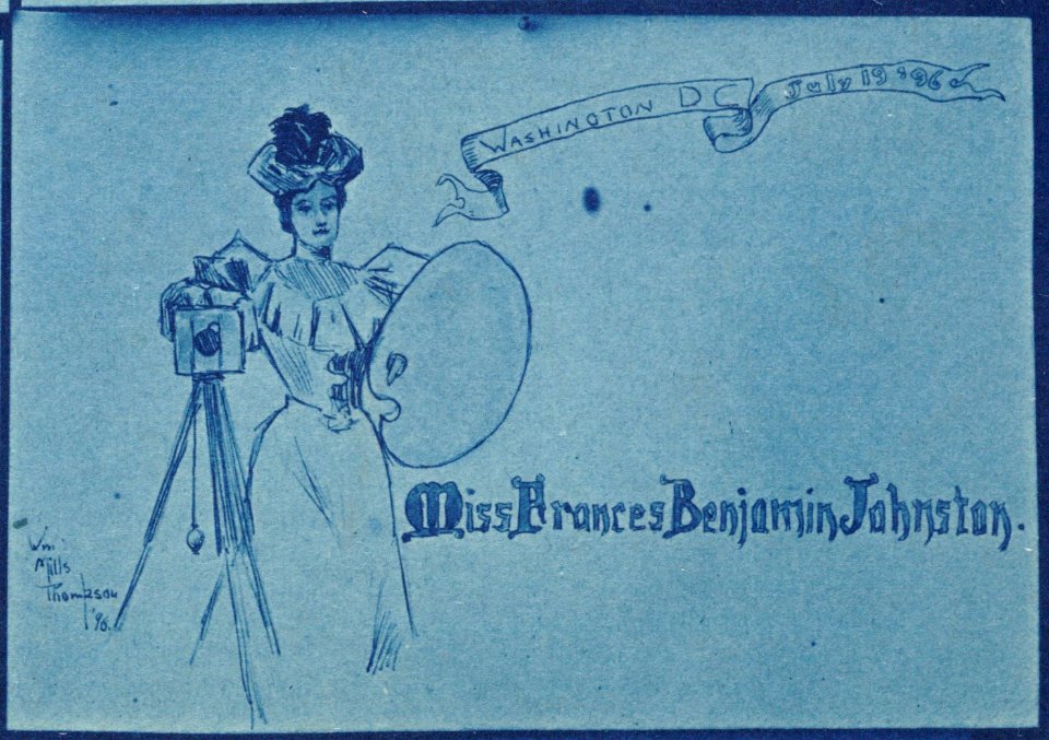 Portrait placecard for Frances Benjamin Johnston, one of 16 unique miniatures by Mills Thompson LCCN2001697177