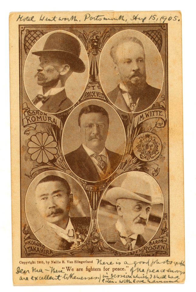 Portraits of envoys at the Portsmouth Peace Conference, Baron Komura and Kogoro Takahira (left), M. Witte and Baron Rosen (right), and President Theodore Roosevelt (center). Written at LCCN2005680007