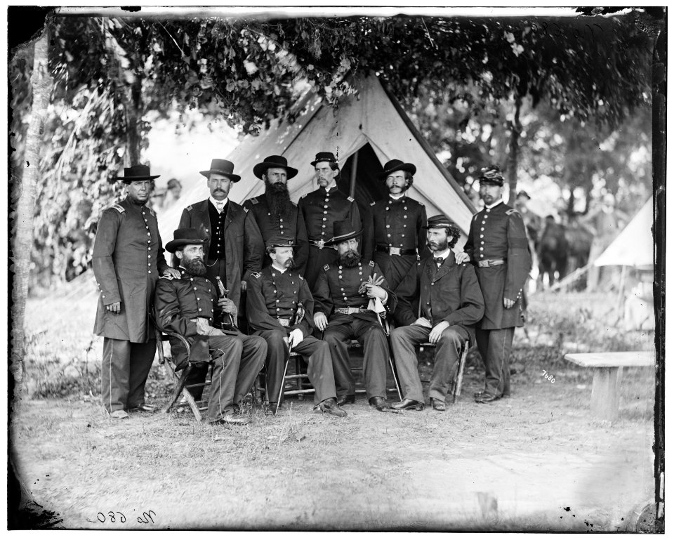 Portrait of Maj. Gen. Jefferson Davis, officer of the Federal Army, and staff, Washington, D.C. LOC cwpb.04132
