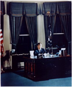 Portrait of President Kennedy at his desk. White House, Oval Office - NARA - 194203 photo