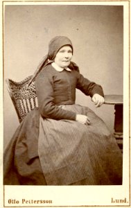 Porträtt av sittande kvinna iklädd sjalett och randigt förkläde. Andrarum, Albo hd - Nordiska Museet - NMA.0039728 photo