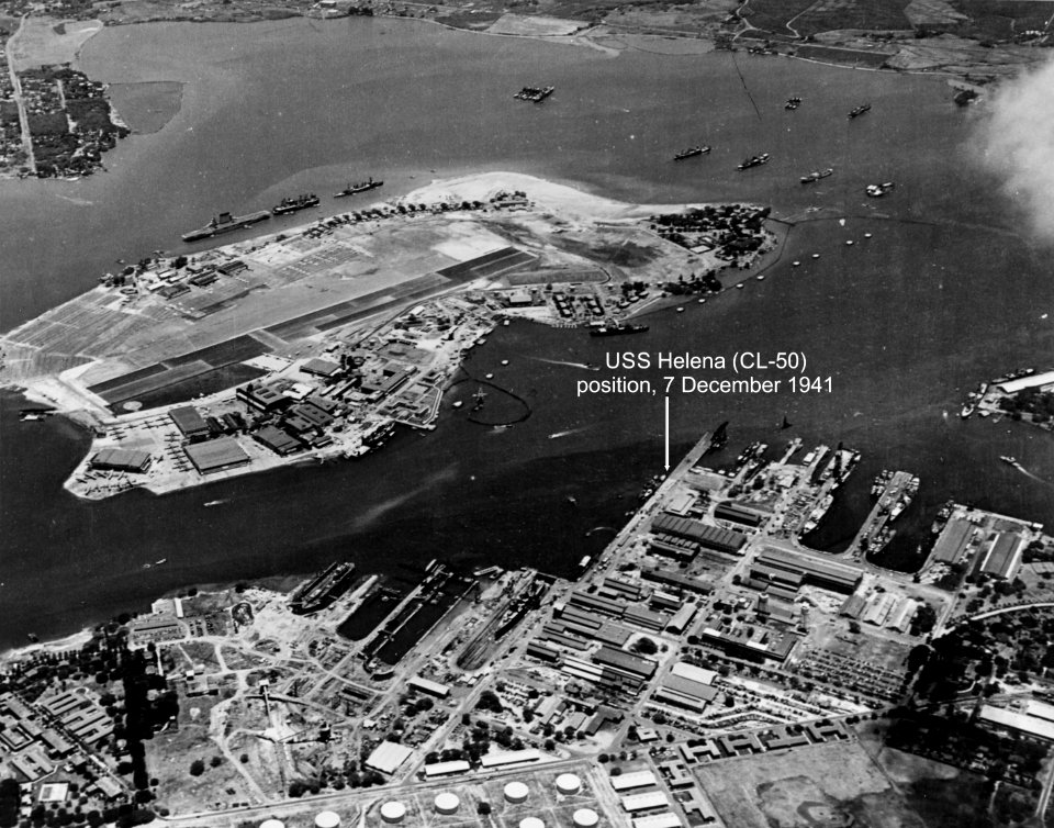 Position of USS Helena (CL-50) at the beginning of the Japanese attack on Pearl Harbor, 7 December 1941 (80-G-451185)