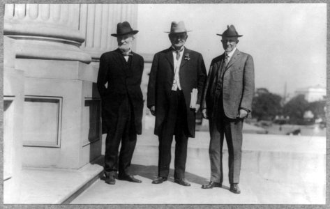 Posed full length, standing left to right- Joseph Gurney Cannon, Champ Clark, and Frederick Huntington Gillett on U.S. Capitol steps LCCN91786775