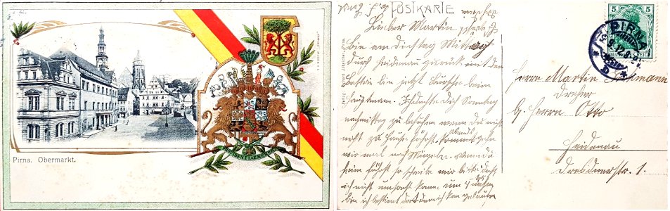 Postal rojo amarillo bandera escudo bella época Pirna