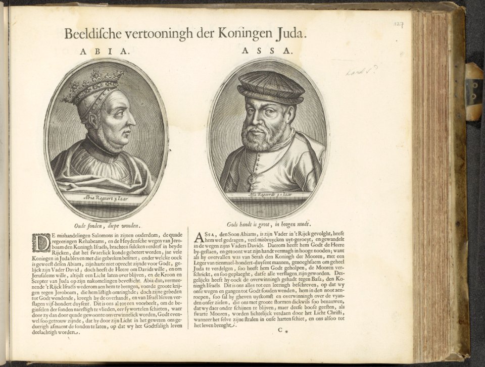 Portretten van de koningen Abia en Asa Beeldische vertooningh der koningen Juda (titel op object) Den Grooten Emblemata Sacra, bestaande in meer dan vier hondert bybelsche figuren, zoo des Ouden als des Nieuwen Testame, RP-P-2015-10-127