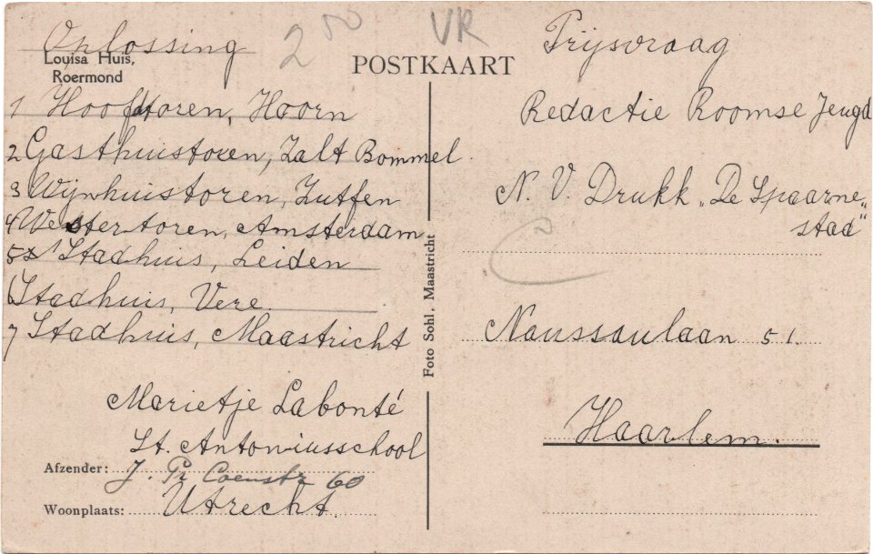 Postcard Louisa Huis verso