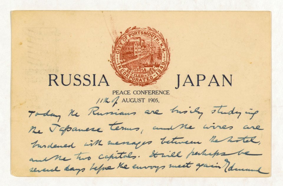 Postcard with printed words Russia, Japan, Peace Conference, August 1905 and stamped with the seal of the city of Portsmouth, N.H. LCCN2005680000