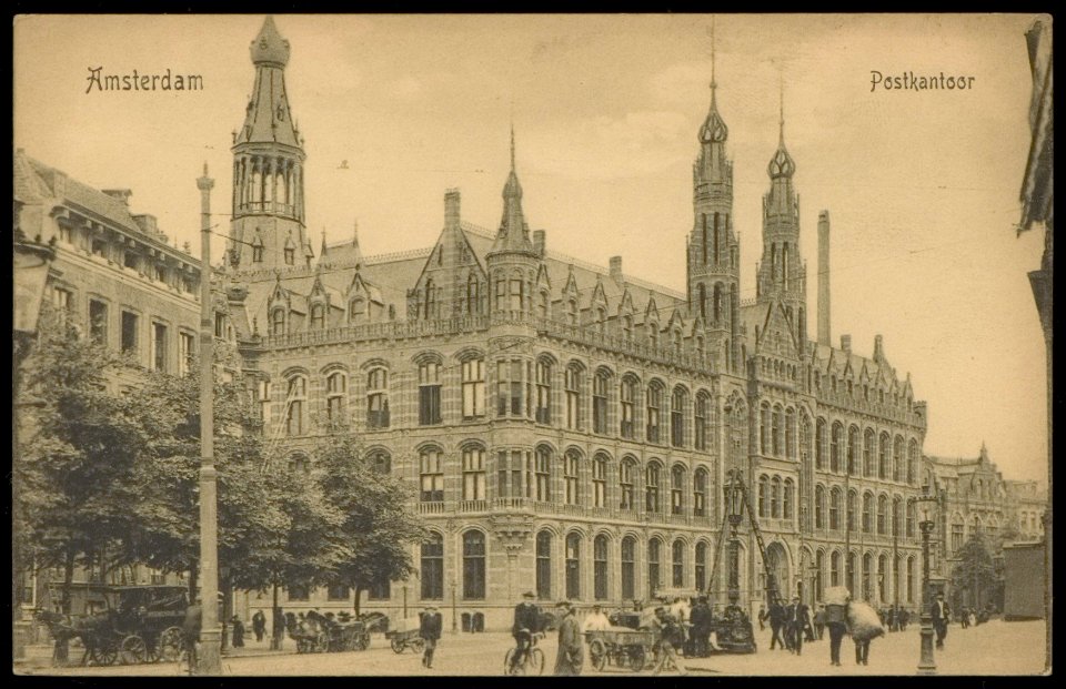 Postkantoor, Nieuwezijds Voorburgwal 182 hoek Raadhuisstraat. Uitgave A.J. Nuss, Amsterdam, Afb PBKD00360000007