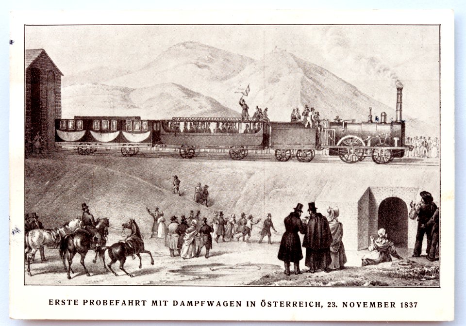 Postkarte 1937 Erste Probefahrt eines Dampfwagens in Österreich 1837