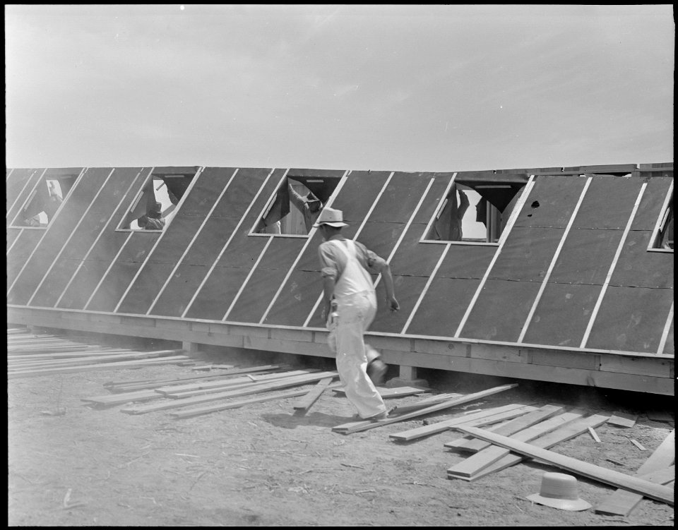 Poston, Arizona. Side of barracks being set in place in the construction of housing for evacuees of . . . - NARA - 536295