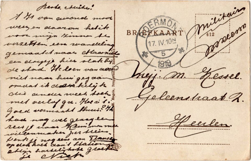 Postcard ROERMOND (Kasteeltje Hattem) verso