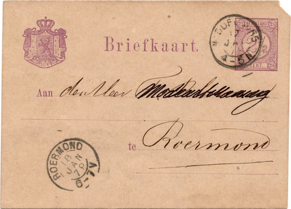 Postal card Netherlands Gzd8 Middelburg-Roermond 17-18 JAN 1879