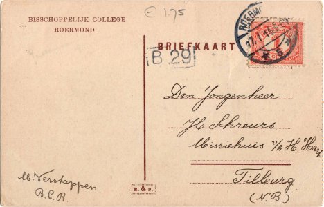 Postcard Bisschoppelijk College Roermond (Kapel) verso
