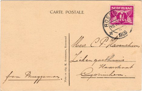 Postcard ROERMOND - Wilhelminasingel met Rattentoren (verso)