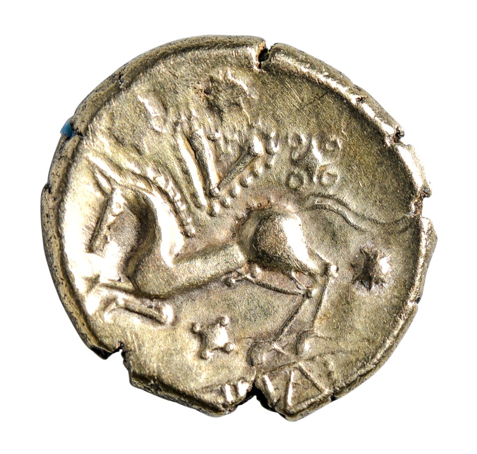POTTINA stater van de Trevieren in goud, 55 tot 50 VC, vindplaats- Vechmaal, Bornebeemden, collectie Gallo-Romeins Museum Tongeren, GRM 9247, 011