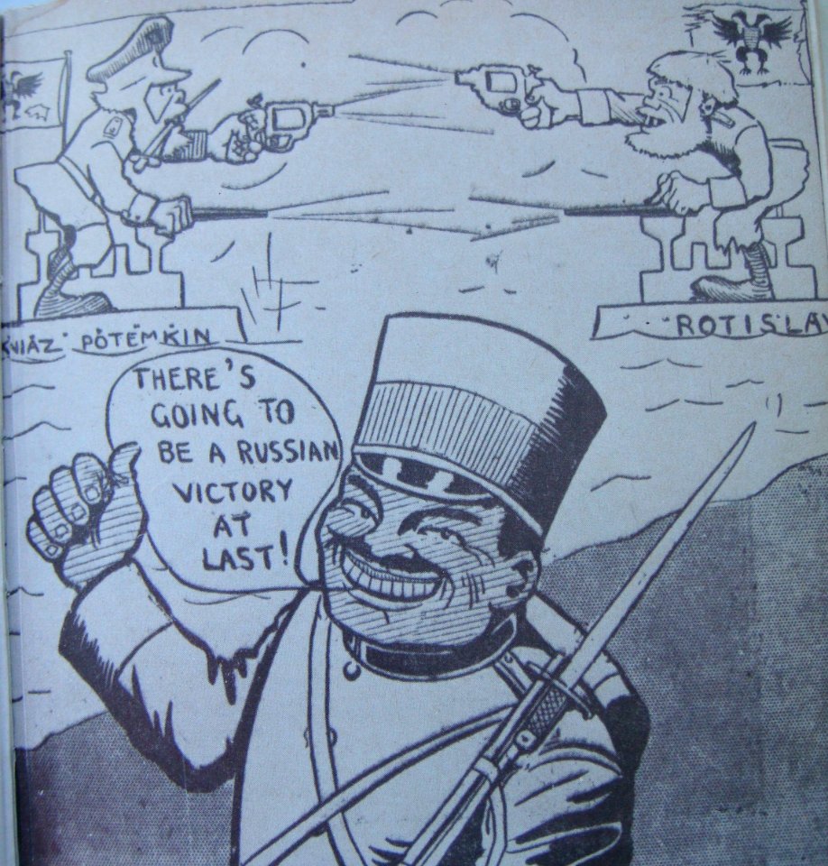 Potemkin mutiny newspaper cartoon japanese militaryman makes jokes on russians fighting each other