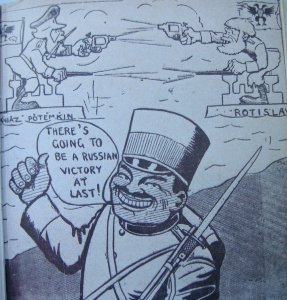 Potemkin mutiny newspaper cartoon japanese militaryman makes jokes on russians fighting each other