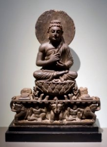 Preaching Buddha Seated on a Lotus Throne, Gandhara, Kushan dynasty, 100s-200s AD, gray schist - Portland Art Museum - Portland, Oregon - DSC08481 photo
