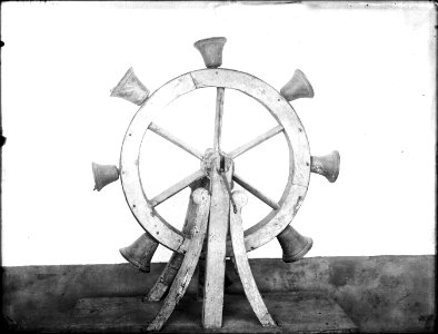 Prayer bells on wheel at Mission Santa Barbara, ca.1900 (CHS-4165)