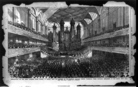 Preparation for the great national peace jubilee, at Boston, Mass. - the members of the mammoth oratorio chorus, numbering three thousand, rehearsing at the Boston Music Hall, May 19th - LCCN91790548