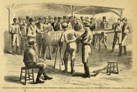 Presentation of a champion bat to the Red Stocking base-ball club, Cincinnati, Ohio, on its return home - sketched by J.A. Gervis. LCCN2008676718