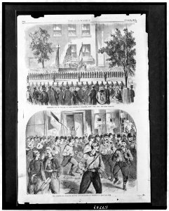 Presentation of colors to the Garibaldi Zouaves, New York, May, 1861 The Garibaldi Zouaves on the double-quick in Broadway. LCCN97519089