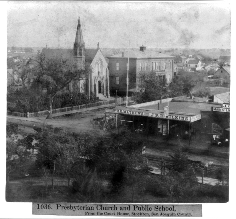 Presbyterian Church and Public School, from the Court House, Stockton, San Joaquin County LCCN2002721098