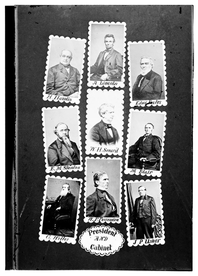 President and Cabinet- H. Hamlin, A. Lincoln, Edw'd Bates, E.M. Stanton, W.H. Seward, M. Blair, G. Welles, W.P. Fessenden, and J.P. Usher LOC cwpb.07615