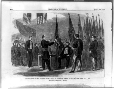 Presentation of two hundred battle-flags to Governor Fenton at Albany, New York, July 4, 1865 - sketched by Theodore R. Davis. LCCN89706322