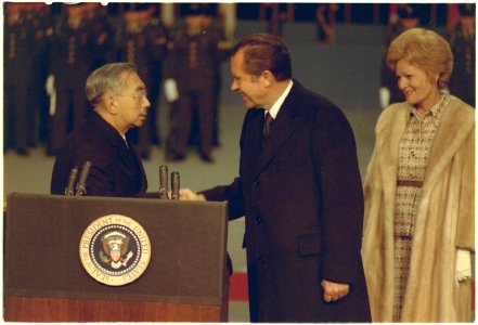 President and Mrs. Nixon greet Emperor Hirohito of Japan at Elmendorf Air Force Base, Alaska - NARA - 194380