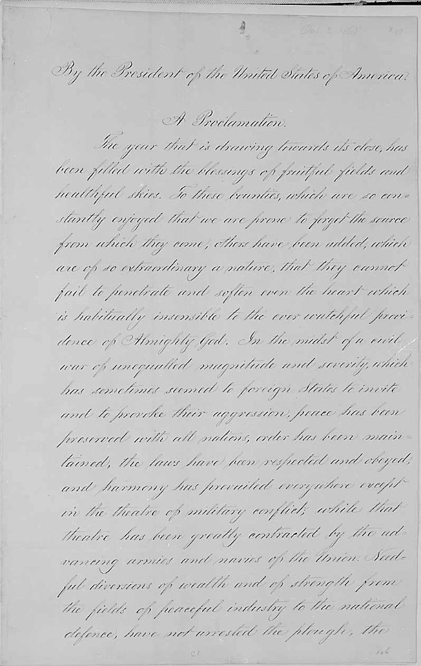 President Abraham Lincoln's Thanksgiving Day Proclamation of October 3, 1863 (Presidential Proclamation 106)- 10-03-1863 (page 1 of 3) (4131303701)