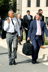 President Barack Obama departs Walter Reed National Military Medical Center with Dr. Ronny Jackson, in Bethesda, MD photo