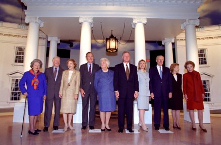 President Bill Clinton and First Lady Hillary Clinton join former Presidents and First Ladies at the dedication of the George H. W. Bush Presidential Library at Texas A & M University