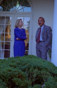 President Bill Clinton and First Lady Hillary Clinton meet with Governor John Waihee of Hawaii and others in the Oval Office (08)