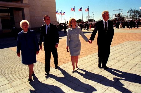 President Bill Clinton and First Lady Hillary Clinton with former President George H. W. Bush and former First Lady Barbara Bush
