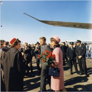 President and Mrs. Kennedy arrive at Dallas. President Kennedy, Mrs. Kennedy, others. Dallas, TX, Love Field. - NARA - 194273 photo