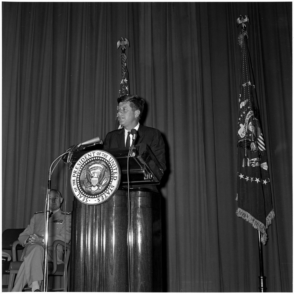 President announces appointment of new Director of Central Intelligence Agency. President Kennedy at podium... - NARA - 194192