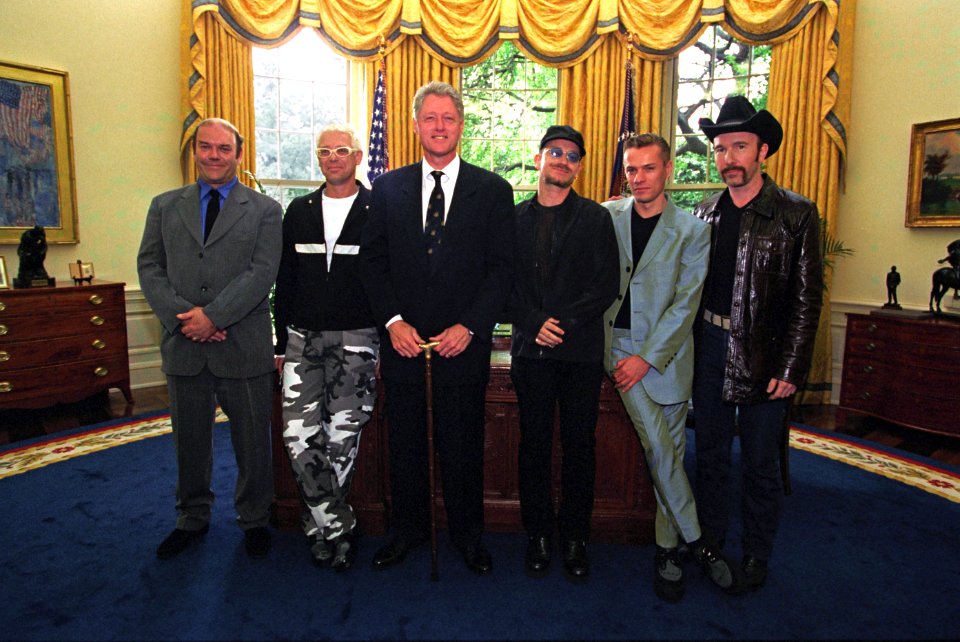 President Bill Clinton with members of the band U2 in the Oval Office